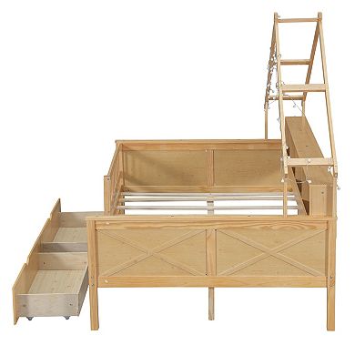 Full Wood House Platform Bed with LED Lights, Storage Shelves & 2 Drawers