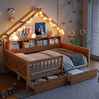 Full Wood House Platform Bed with LED Lights, Storage Shelves & 2 Drawers