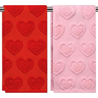2 pc Valentine’s Day Hand Towels,Red Pink Love Heart Bath Towels Set Cotton 13.7 x 29.5 Inch