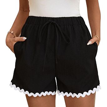 Womens High Elastic Waist Drawstring Shorts Wide Leg Color Contrast Casua Petal Hem Short Pants