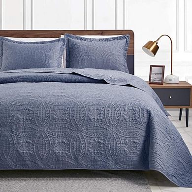 Great Ambitions Queen Quilt Set, Lightweight Blue Coin Pattern Bedspread with 2 Pillow Shams