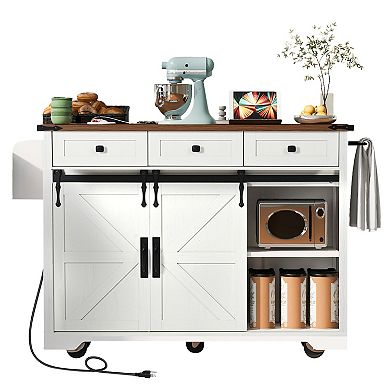 54" Farmhouse Rolling Kitchen Island w/ Drop Leaf, Barn Doors & Power Outlet