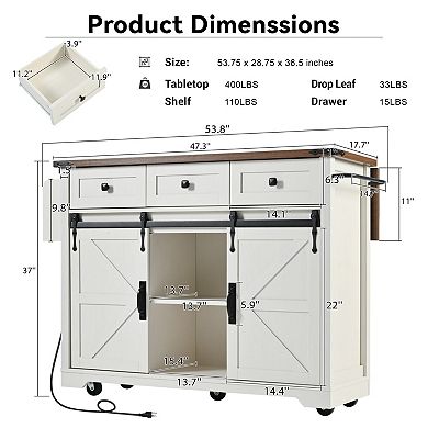 54" Farmhouse Rolling Kitchen Island w/ Drop Leaf, Barn Doors & Power Outlet