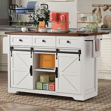 54" Farmhouse Rolling Kitchen Island w/ Drop Leaf, Barn Doors & Power Outlet