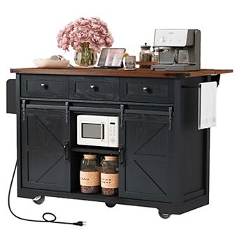 54" Farmhouse Rolling Kitchen Island w/ Drop Leaf, Barn Doors & Power Outlet
