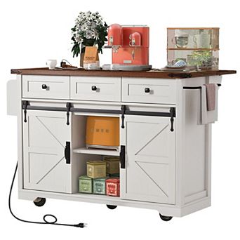 54" Farmhouse Rolling Kitchen Island w/ Drop Leaf, Barn Doors & Power Outlet