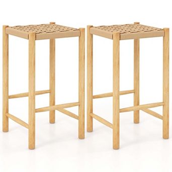 Costway 26'' Dining Bar Stool Counter Height with Rubber Wood Woven Saddle Seat