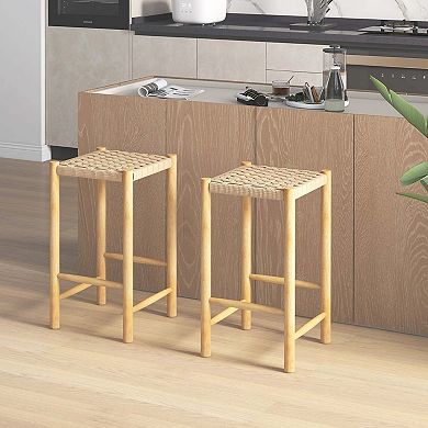 Costway 26'' Dining Bar Stool Counter Height with Rubber Wood Woven Saddle Seat