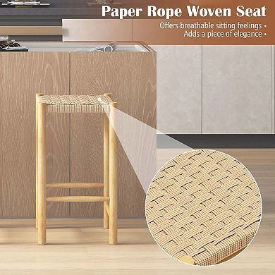 Costway 26'' Dining Bar Stool Counter Height with Rubber Wood Woven Saddle Seat