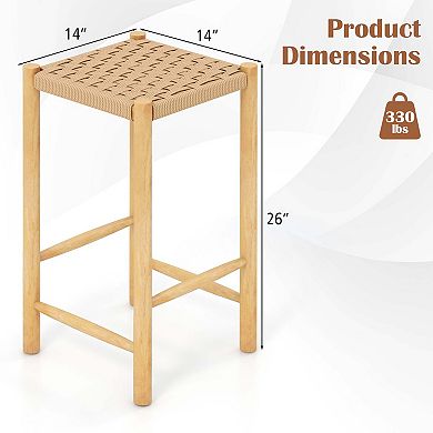 Costway 26'' Dining Bar Stool Counter Height with Rubber Wood Woven Saddle Seat