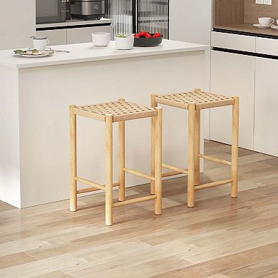 Costway 26'' Dining Bar Stool Counter Height with Rubber Wood Woven Saddle Seat