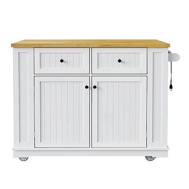 48" Rolling Kitchen Island w/ Drop Leaf, Power Outlet & Side Racks