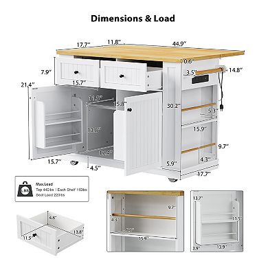 48" Rolling Kitchen Island w/ Drop Leaf, Power Outlet & Side Racks