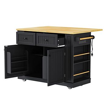 48" Rolling Kitchen Island w/ Drop Leaf, Power Outlet & Side Racks