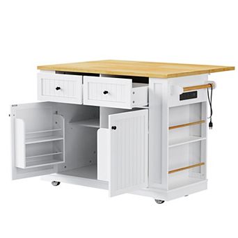 48" Rolling Kitchen Island w/ Drop Leaf, Power Outlet & Side Racks