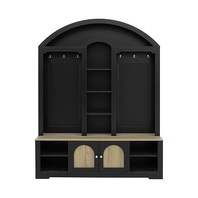 Modern Curved Hall Tree Coat Rack with LED Lighting, Shoe Storage & Multi-Functional Hooks