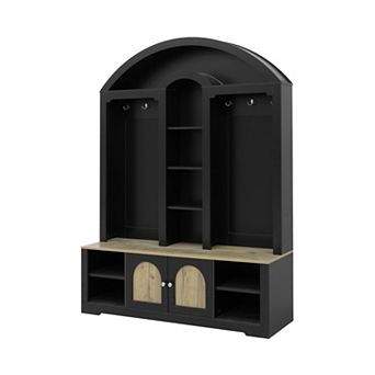 Modern Curved Hall Tree Coat Rack with LED Lighting, Shoe Storage & Multi-Functional Hooks