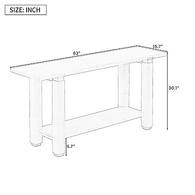 Aoolive Pine Wood Console Table with Built-in Shelf, Modern Sofa Table with Golden Metal Accents