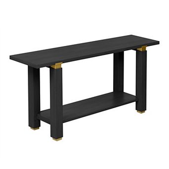 Aoolive Pine Wood Console Table with Built-in Shelf, Modern Sofa Table with Golden Metal Accents