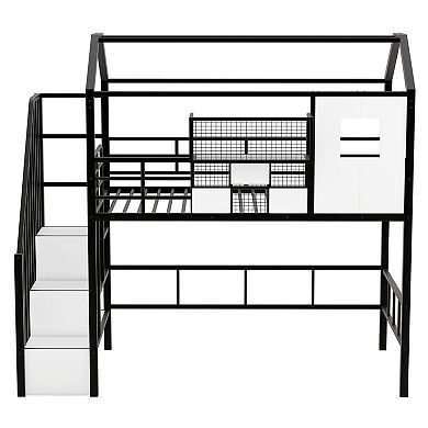 Twin Metal Loft Bed with Roof Design and Storage Box - Space-Saving Kids Bed