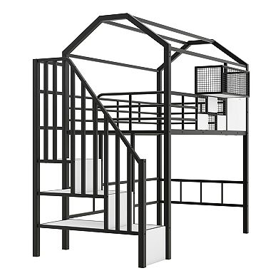 Twin Metal Loft Bed with Roof Design and Storage Box - Space-Saving Kids Bed
