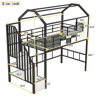 Twin Metal Loft Bed with Roof Design and Storage Box - Space-Saving Kids Bed