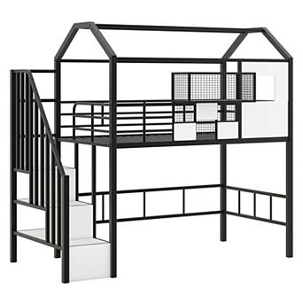 Twin Metal Loft Bed with Roof Design and Storage Box - Space-Saving Kids Bed
