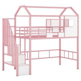 Twin Metal Loft Bed with Roof Design and Storage Box - Space-Saving Kids Bed