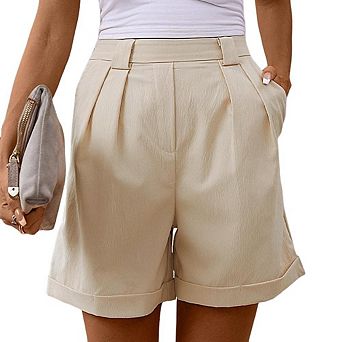 Womens High Waist Pleated Summer Shorts Business Causal Wide Leg Solid Tailored Shorts with Pockets
