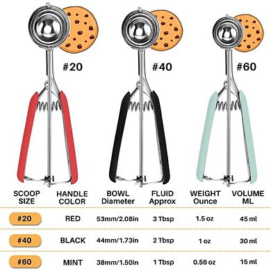Great Ambitions 3-Piece Cookie Scoop Set, 1, 2, 3 Tbsp, Red/Black/Mint Handle, for Baking