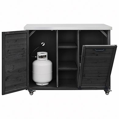 78" Outdoor Kitchen Island w/ Foldable Table, Trash Cabinet & Stainless Top