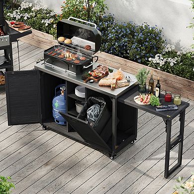 78" Outdoor Kitchen Island w/ Foldable Table, Trash Cabinet & Stainless Top
