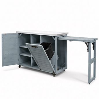 78" Outdoor Kitchen Island w/ Foldable Table, Trash Cabinet & Stainless Top