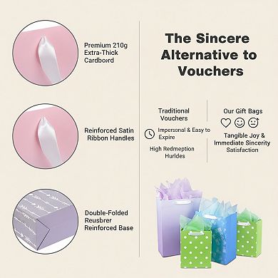 12 Gift Bags in 3 Sizes with Tissue, Bulk Pack for Birthday, Wedding, Easter and Any Celebration