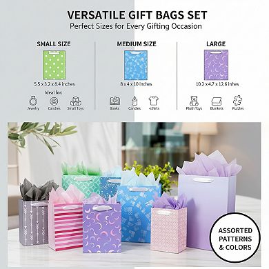12 Gift Bags in 3 Sizes with Tissue, Bulk Pack for Birthday, Wedding, Easter and Any Celebration