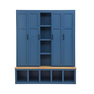 Farmhouse Hall Tree with Hidden Hooks, Entryway Shoe Bench & 8-Door Cabinet