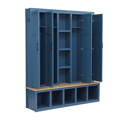 Farmhouse Hall Tree with Hidden Hooks, Entryway Shoe Bench & 8-Door Cabinet