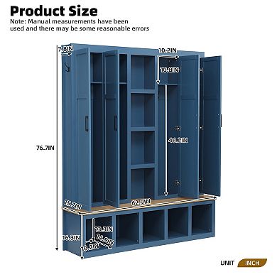 Farmhouse Hall Tree with Hidden Hooks, Entryway Shoe Bench & 8-Door Cabinet