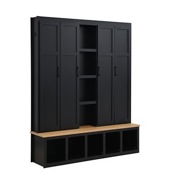 Farmhouse Hall Tree with Hidden Hooks, Entryway Shoe Bench & 8-Door Cabinet