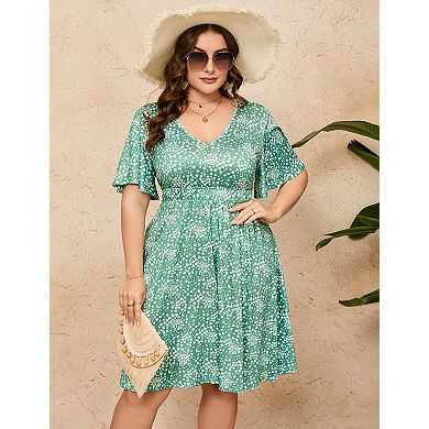Women's Plus Size V-Neck Short Sleeve Midi Dress