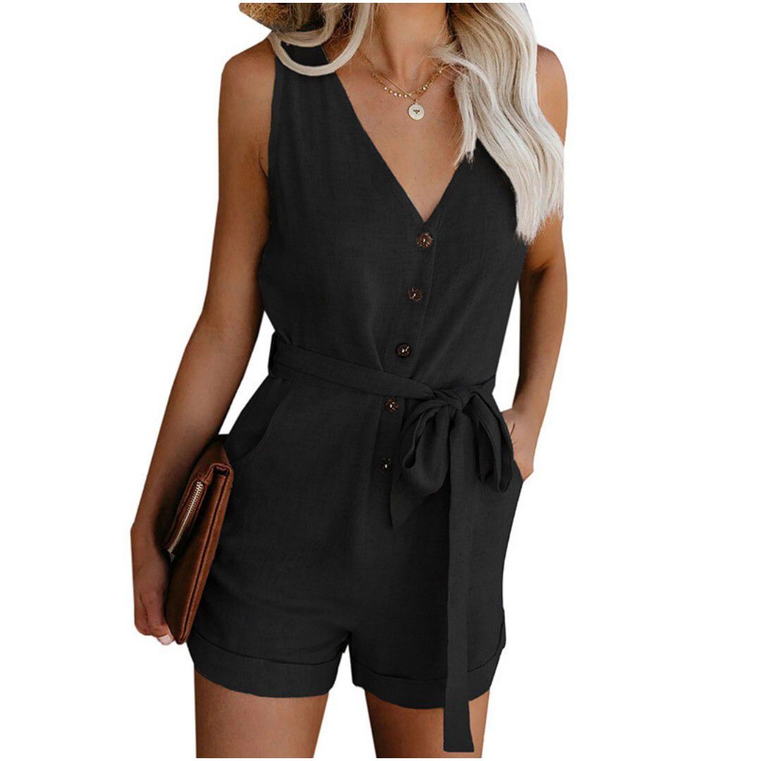 Женские шорты Women V Neck Tie Waist Button Front Overalls Lightweight Shorts Jumpsuit With Pockets