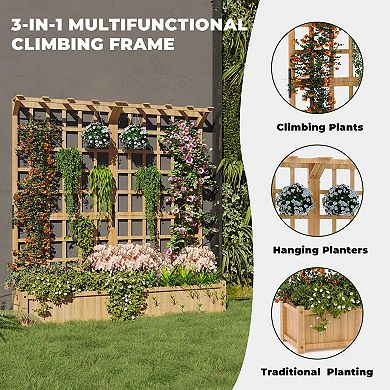 Two-Tier Wooden Planter Box with Trellis, Elevated Raised Bed, Planter with Hanging Drainage Holes