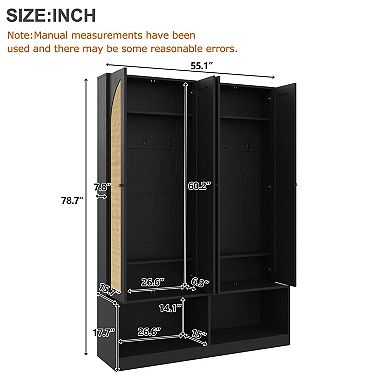 55.1" Farmhouse Hall Tree, Rattan Entryway Shoe Bench & Cabinet with 6 Hooks