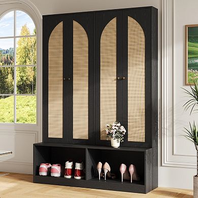 55.1" Farmhouse Hall Tree, Rattan Entryway Shoe Bench & Cabinet with 6 Hooks