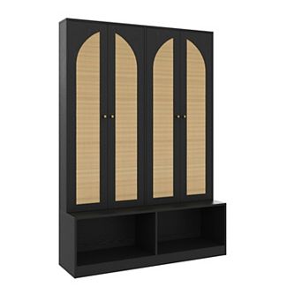 55.1" Farmhouse Hall Tree, Rattan Entryway Shoe Bench & Cabinet with 6 Hooks