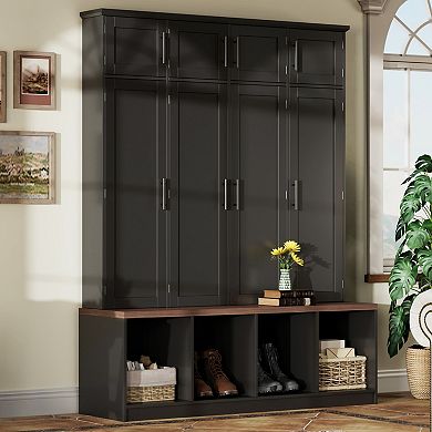 Farmhouse Hall Tree with Bench & 8-Door Shoe Storage Cabinet
