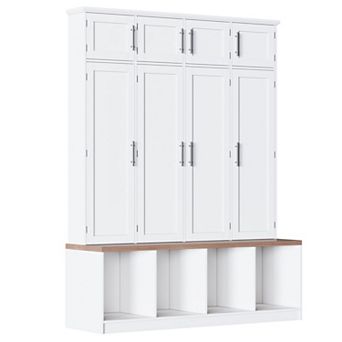 Farmhouse Hall Tree with Bench & 8-Door Shoe Storage Cabinet