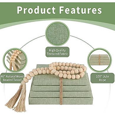Great Ambitions 4-Piece Linen Decorative Book Set, Sage Green with Beaded Tassel