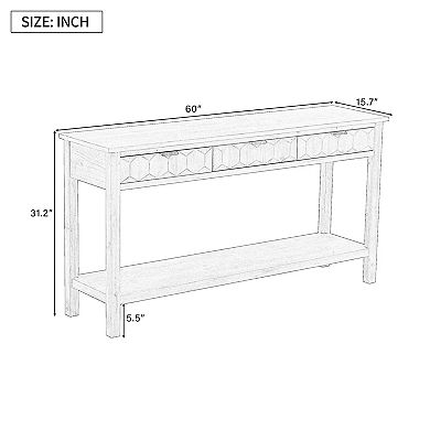 Aoolive Retro Fir Veneer Entryway Console Table, Sofa Table with Honeycomb Front 3 Drawers