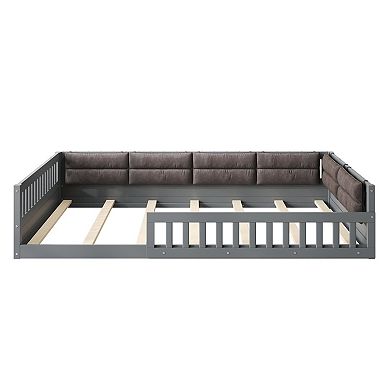 Full Size Upholstered Montessori Floor Bed Platform Bed with Guardrails & Pillow